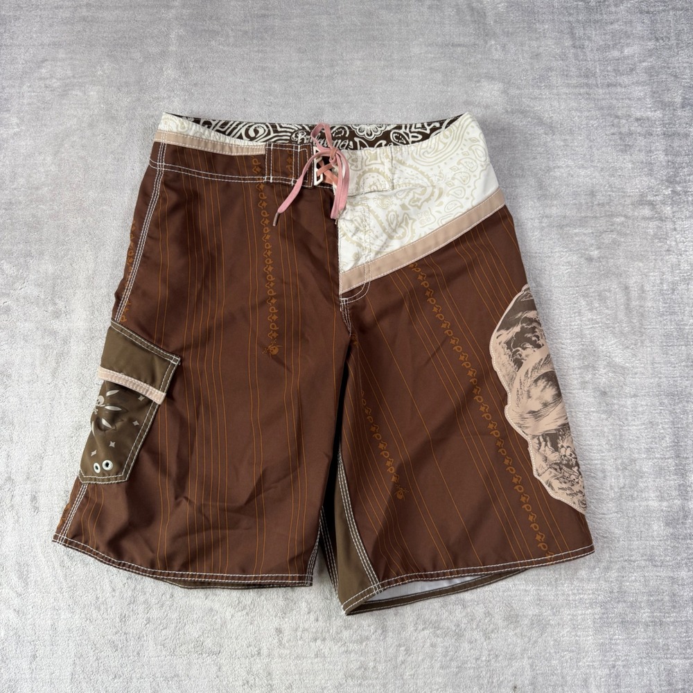 Billabong Board Shorts Mens 34 Brown Skull Pinstripe Paisley Surf Y2K Trunks